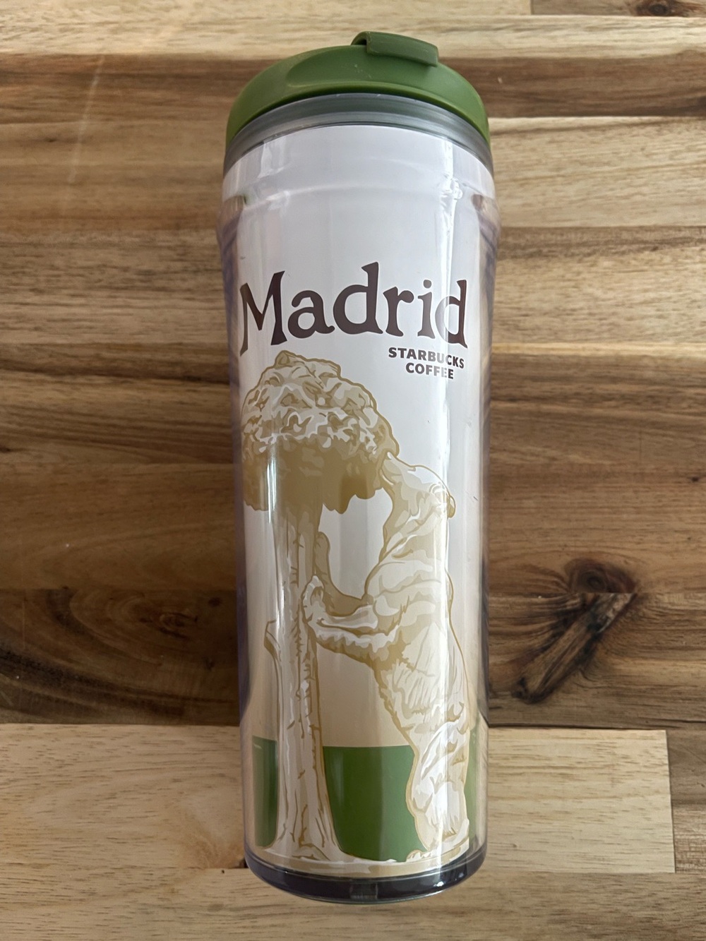 2008 Starbucks Beige and Green Madrid Travel Tumbler with Olive Lid NEW unused